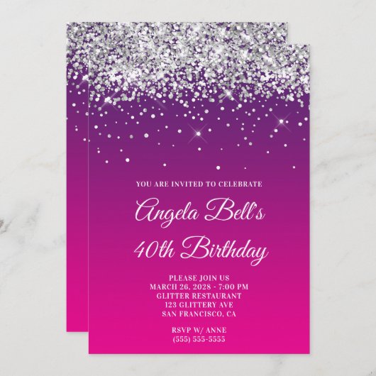 Silver Glitter Paarse Roze Gradient 40e Verjaardag Kaart (Voorkant / Achterkant)