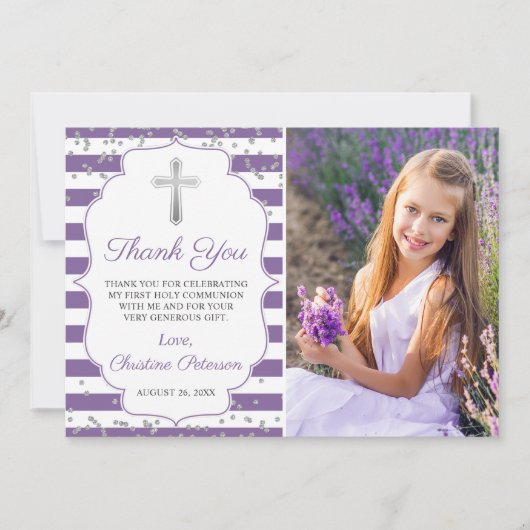 Silver Glitter Paarse Stripes First Commune Bedankkaart (Voorkant)