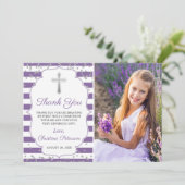 Silver Glitter Paarse Stripes First Commune Bedankkaart (Staand voorkant)