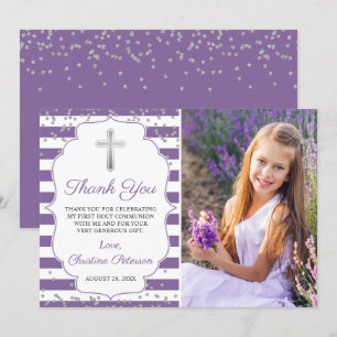Silver Glitter Paarse Stripes First Commune Bedankkaart
