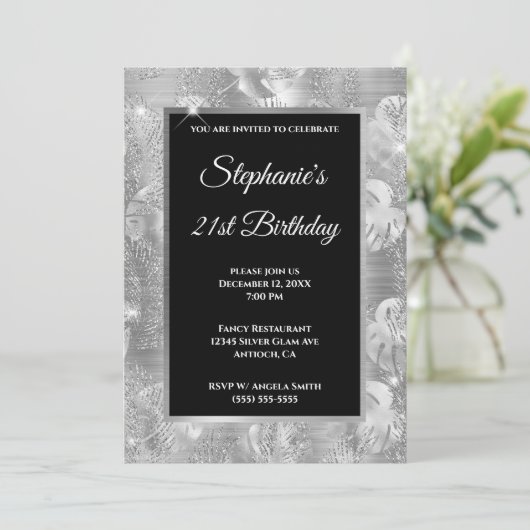 Silver Glitter Palm en Monstera Leaves Birthday Kaart (Staand voorkant)