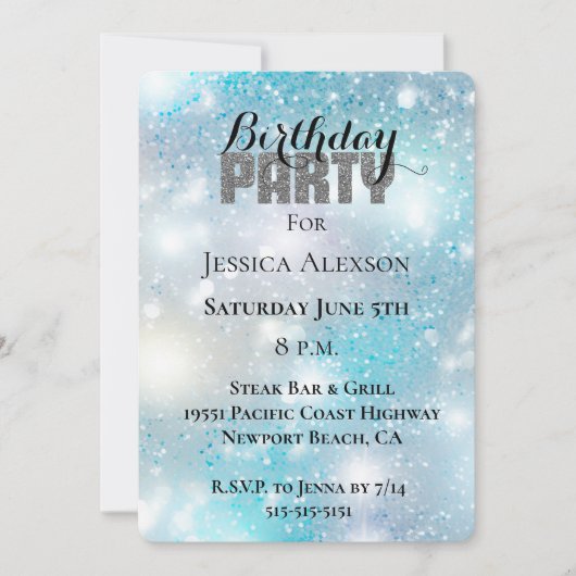 Silver Glitter Party Aqua Blue Bokeh Verjaardag Kaart (Voorkant)