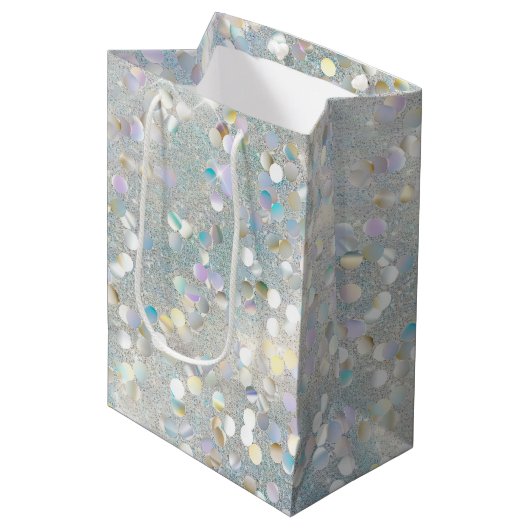 Silver Glitter Party Blauw Wit Bokeh Verjaardag Medium Cadeauzakje (Voorkant Gekanteld)