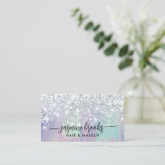 Silver Glitter Pastel Paarse Blauwgroen Gradient E Visitekaartje (Staand voorkant)