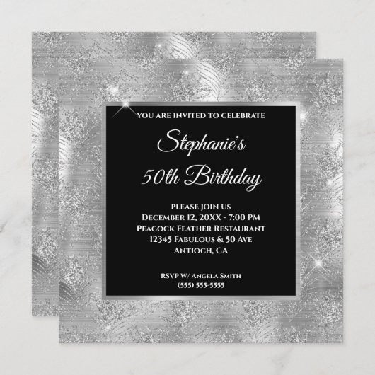 Silver Glitter Peacock Feather Glam Birthday Kaart (Voorkant / Achterkant)