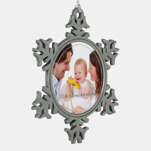 Silver Glitter Persoonlijke Foto en Citaat Tin Sneeuwvlok Ornament (Links)