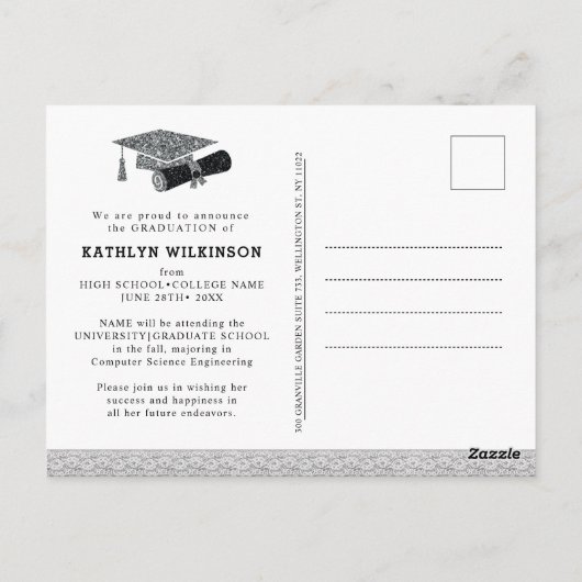 Silver Glitter Pet Foto Afstuderen Aankondiging Briefkaart (Achterkant)