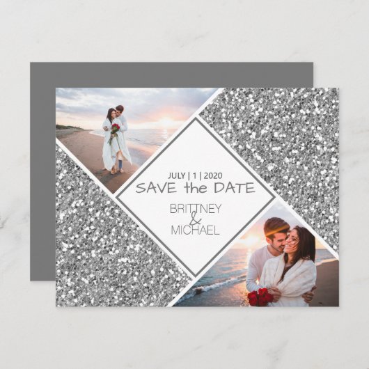 Silver Glitter Photo Collage Aankondiging (Voorkant / Achterkant)