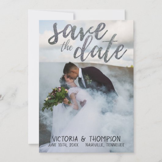 Silver Glitter Photo Mountains Bewaar de datum Save The Date (Voorkant)