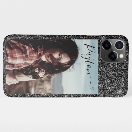 Silver Glitter Photo Template Custom Name Black iPhone Hoesje (Achterkant horizontaal)