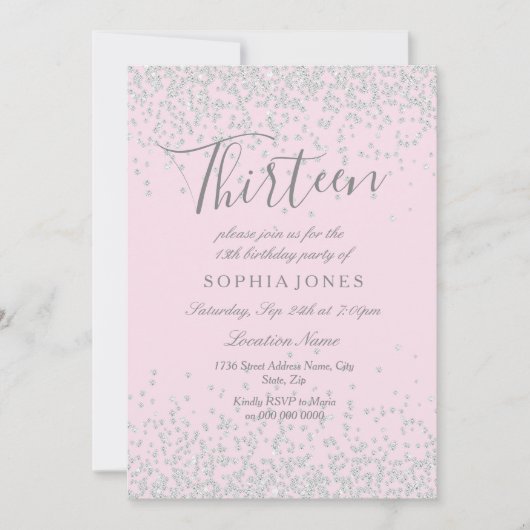 Silver Glitter Pink 13th Birthday Invite Kaart (Voorkant)