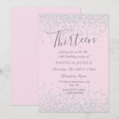 Silver Glitter Pink 13th Birthday Invite Kaart (Voorkant / Achterkant)