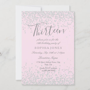 Silver Glitter Pink 13th Birthday Invite Kaart