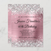 Silver Glitter Pink 40th Birthday Budget Invite (Voorkant / Achterkant)