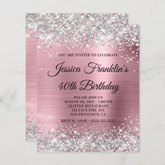 Silver Glitter Pink 40th Birthday Budget Invite (Voorkant / Achterkant)