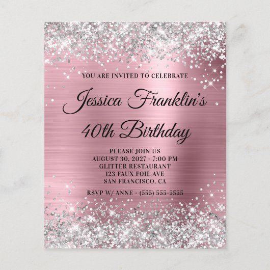 Silver Glitter Pink 40th Birthday Budget Invite (Voorkant)