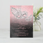 Silver Glitter Pink Black Masquerade Verjaardag Kaart (Staand voorkant)