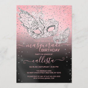 Silver Glitter Pink Black Masquerade Verjaardag Kaart