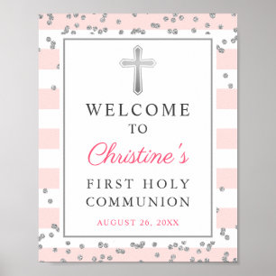 Silver Glitter Pink First Community Welcome Sign Poster