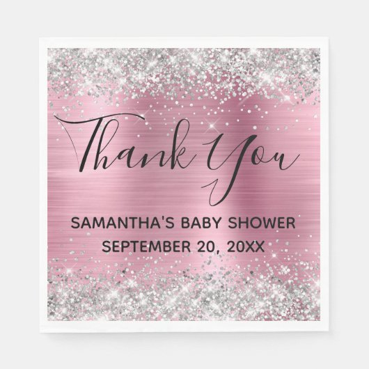 Silver Glitter Pink Folie Baby shower Hartelijk da Servet (Voorkant)