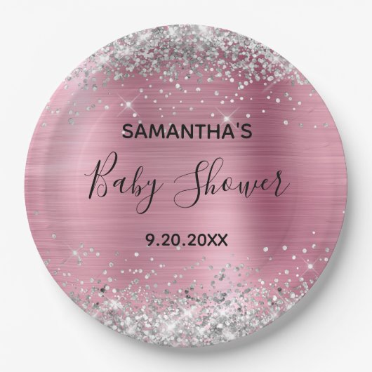 Silver Glitter Pink Folie Baby shower Papieren Bordje (Voorkant)