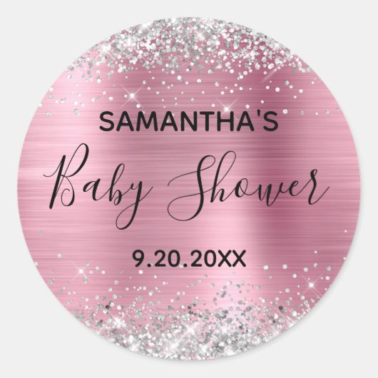 Silver Glitter Pink Folie Baby shower Ronde Sticker (Voorkant)