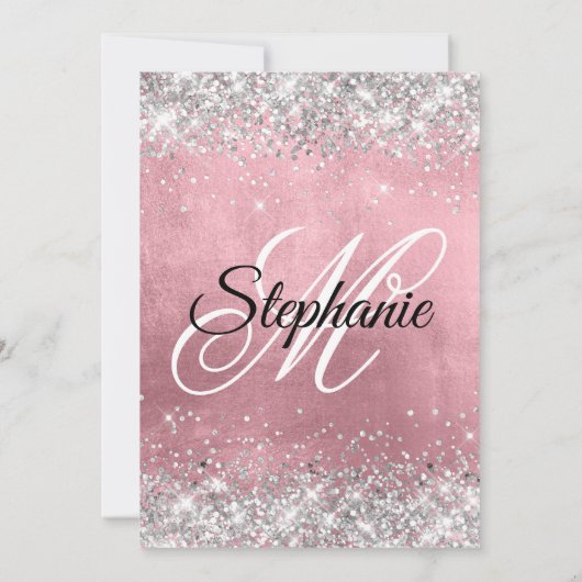 Silver Glitter Pink Folie Fancy Monogram Kaart (Achterkant)