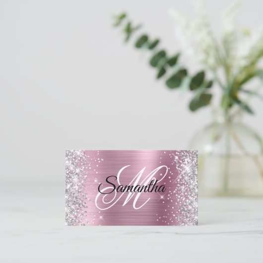 Silver Glitter Pink Folie Fancy Monogram Visitekaartje (Staand voorkant)