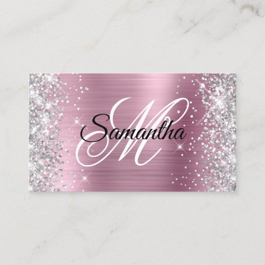 Silver Glitter Pink Folie Fancy Monogram Visitekaartje (Voorkant)