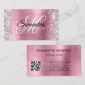 Silver Glitter Pink Folie Monogram QR-code Visitekaartje (Voorkant / Achterkant)
