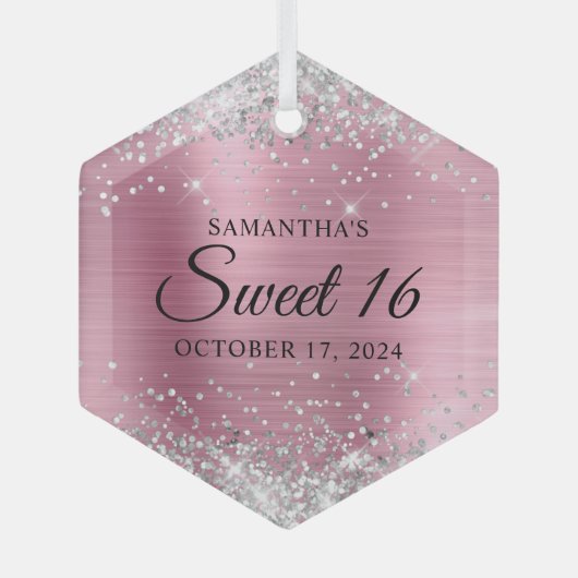 Silver Glitter Pink Folie Sweet 16 Glas Ornament (Voorkant)