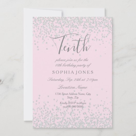 Silver Glitter Pink Girls 10e verjaardag Kaart (Voorkant)