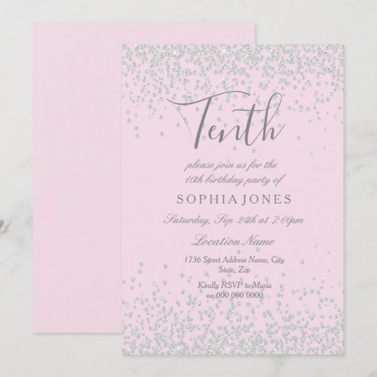 Silver Glitter Pink Girls 10e verjaardag Kaart (Voorkant / Achterkant)