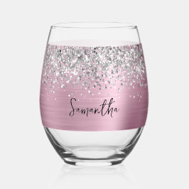Silver Glitter Pink Glam Naam Wijnglas Zonder Voet