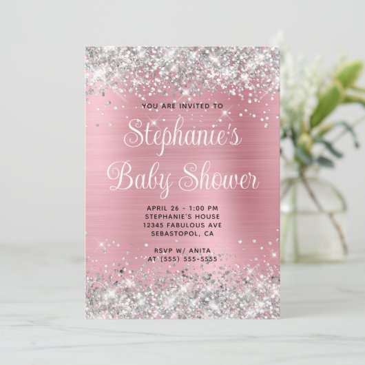 Silver Glitter Pink Online Registry Baby shower Kaart (Staand voorkant)