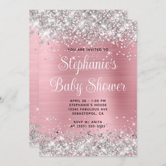 Silver Glitter Pink Online Registry Baby shower Kaart (Voorkant / Achterkant)