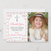 Silver Glitter Pink Stripes First Heilige Communie Bedankkaart (Voorkant)