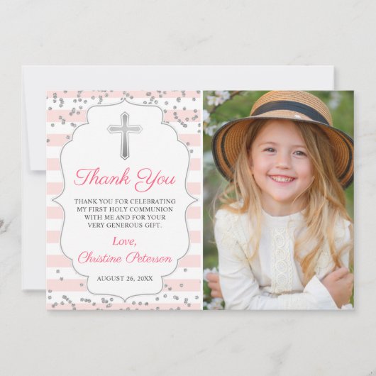 Silver Glitter Pink Stripes First Heilige Communie Bedankkaart (Voorkant)