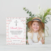 Silver Glitter Pink Stripes First Heilige Communie Bedankkaart (Staand voorkant)