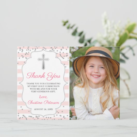Silver Glitter Pink Stripes First Heilige Communie Bedankkaart (Staand voorkant)