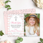 Silver Glitter Pink Stripes First Heilige Communie Bedankkaart<br><div class="desc">Silver Glitter Pink Stripes First Heilige Communie Hartelijk dank</div>