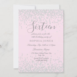Silver Glitter Pink Sweet 16 16th Birthday Invite Kaart