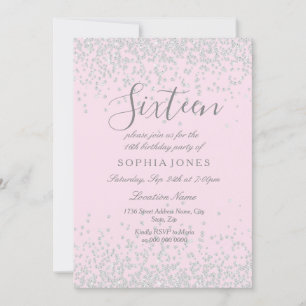 Silver Glitter Pink Sweet 16 16th Birthday Invite Kaart
