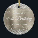Silver Glitter Platinum Folie 90th Birthday Keramisch Ornament<br><div class="desc">Creëer je eigen ornament voor de 90ste verjaardag van je beste vriend. Pas de stijl van de bloktekst en/of van de calligrafische doopvont aan. Verander de tekst voor om het even welke speciale of mijlpaalverjaardag. De digitale kunstachtergrond is voorzien van een faux zilveren glitter en een platina grijze ombre folie....</div>