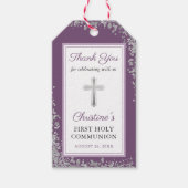 Silver Glitter Plum Paars First Heilige Communie Cadeaulabel (Voorkant)