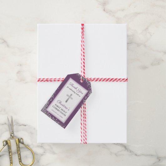 Silver Glitter Plum Paars First Heilige Communie Cadeaulabel (Met Touw)
