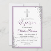 Silver Glitter Plum Paars Girl Baptism Invitation Kaart (Voorkant)