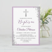 Silver Glitter Plum Paars Girl Baptism Invitation Kaart (Staand voorkant)