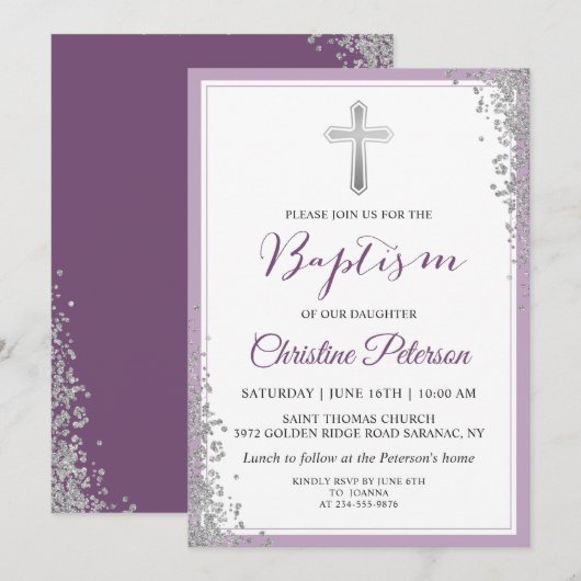 Silver Glitter Plum Paars Girl Baptism Invitation Kaart (Voorkant / Achterkant)