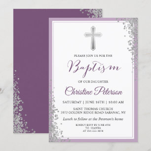 Silver Glitter Plum Paars Girl Baptism Invitation Kaart
